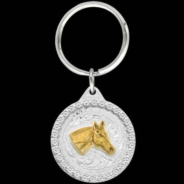 Gold Horse Head Right, Our Horse Head keychain includes a beautiful berry border, a equestrian 3D figure, and a key ring attachment. Each silver key chain is built with our 